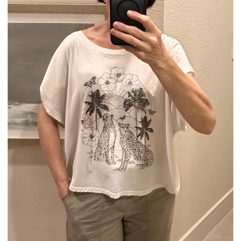 Project Social T Cheetah Palm Graphic Crop Tee Small Ivory Cotton V Back Top